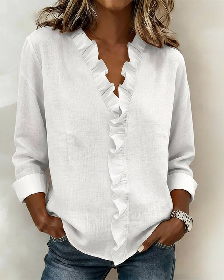 Womens Ruffle Blouse V-Neck Long Sleeve