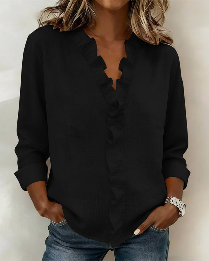 Womens Ruffle Blouse V-Neck Long Sleeve