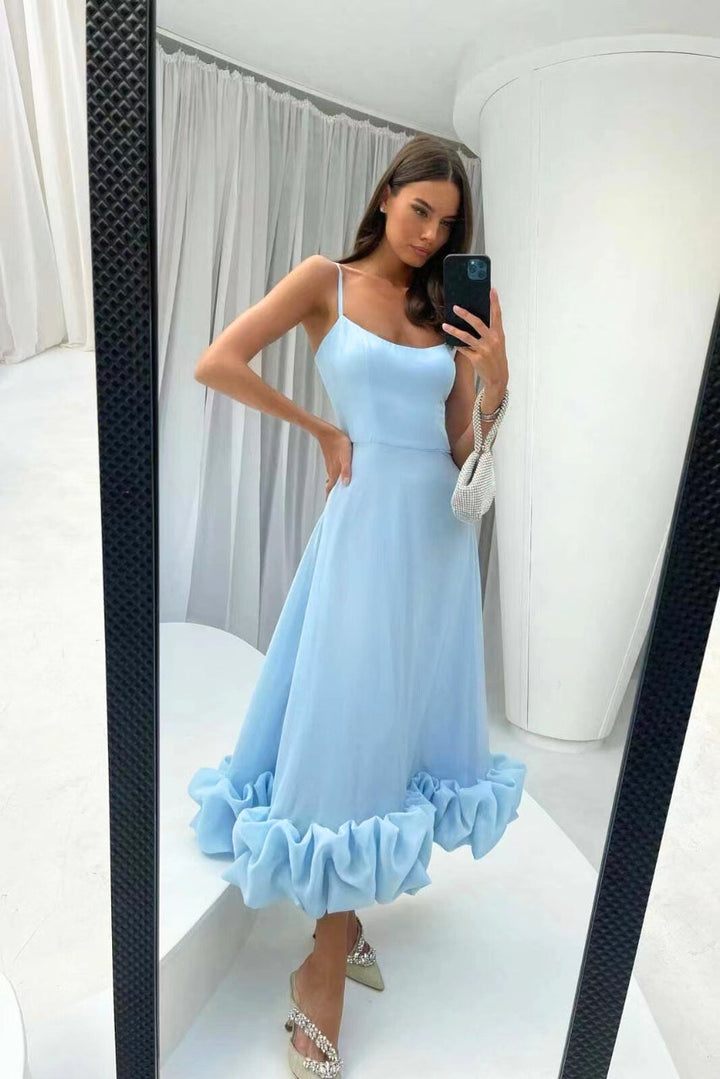 Womens Midi Dress with Ruffle Hem and Strappy Sleeves