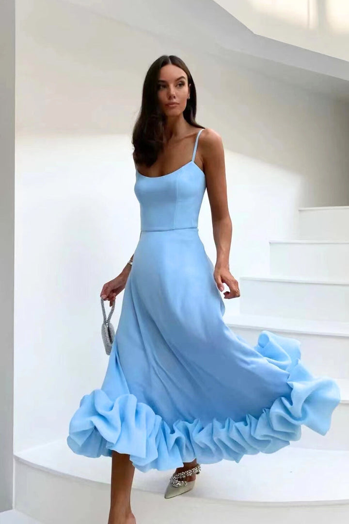 Womens Midi Dress with Ruffle Hem and Strappy Sleeves