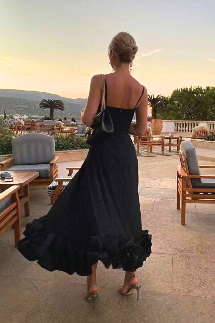 Womens Midi Dress with Ruffle Hem and Strappy Sleeves