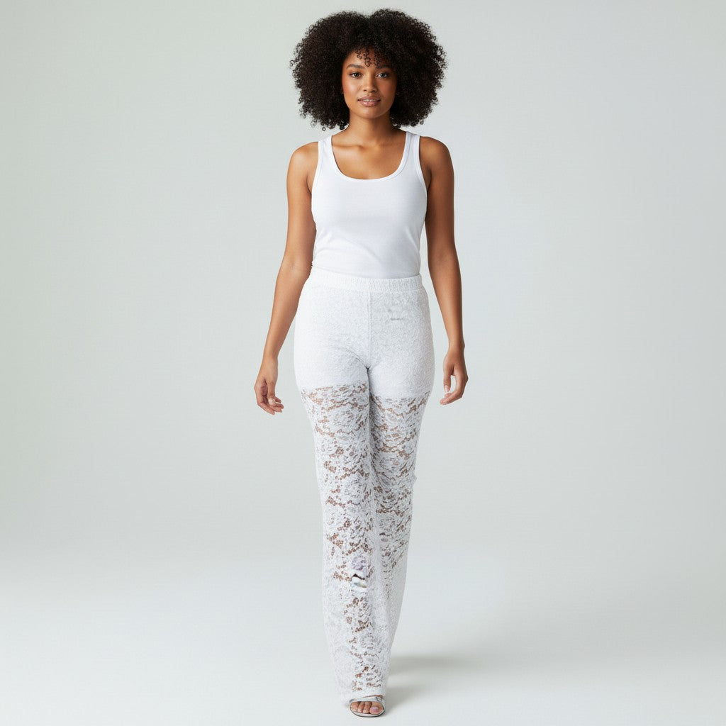 Womens Lace Pants Sheer Mid-Waist Drawstring Fit - Clovrio