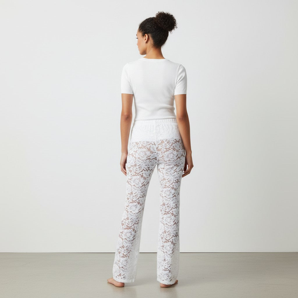 Womens Lace Pants Sheer Mid-Waist Drawstring Fit