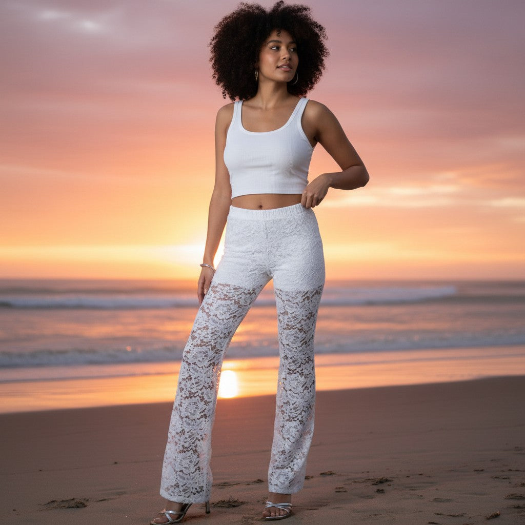 Womens Lace Pants Sheer Mid-Waist Drawstring Fit