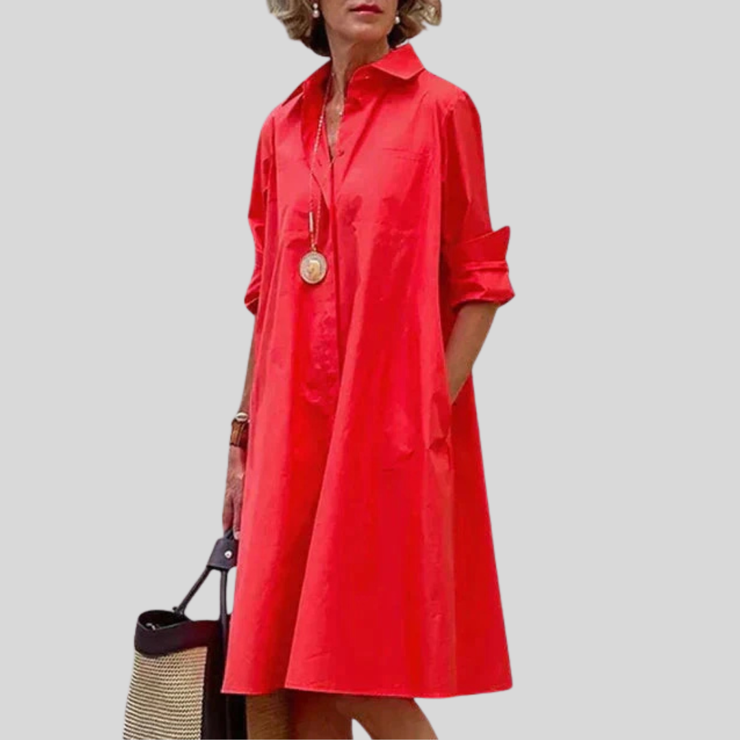 Womens Midi Shirt Dress Relaxed Fit Long Sleeve with Pockets - Clovrio