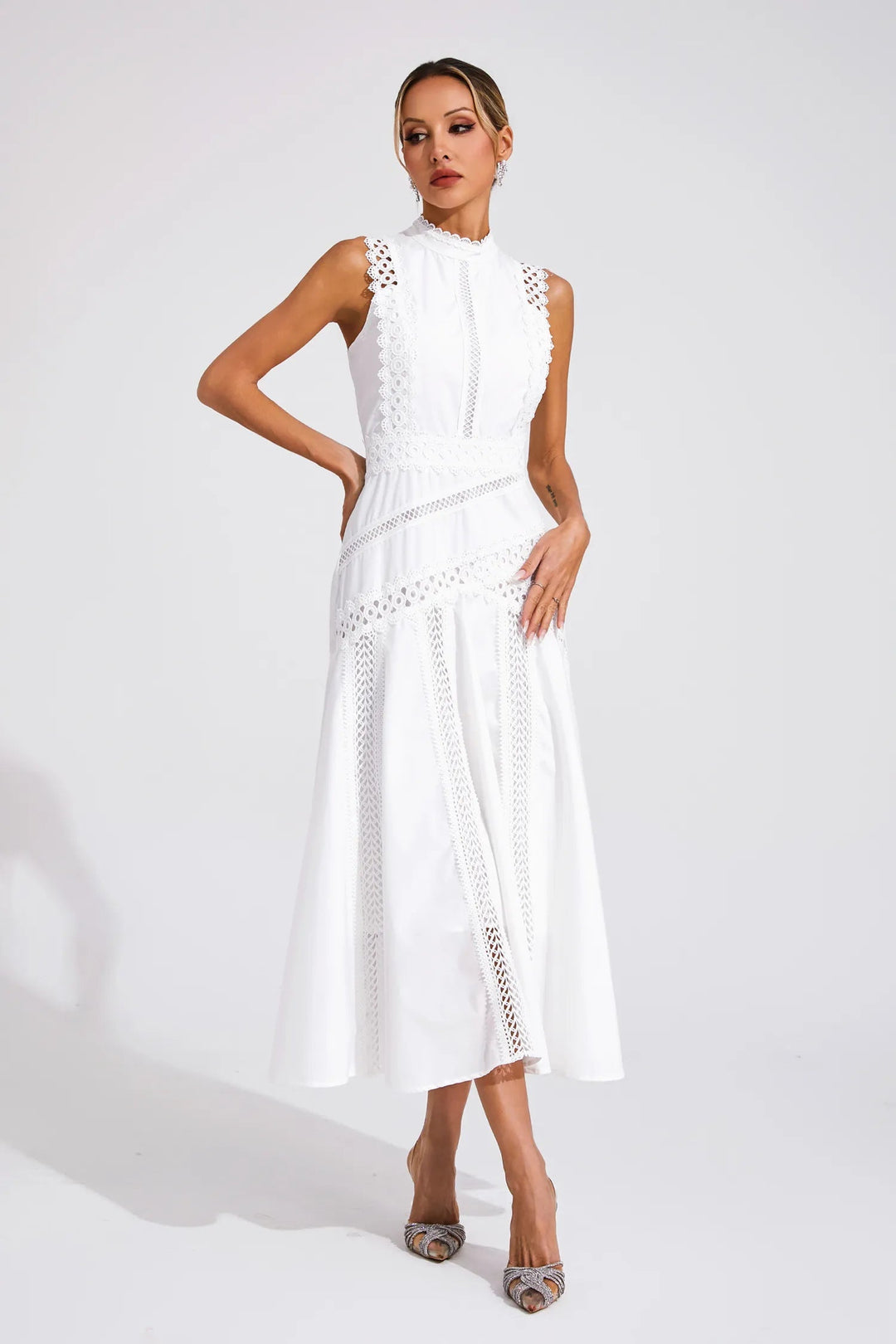 Womens Sleeveless Lace Midi Dress A-Line Silhouette