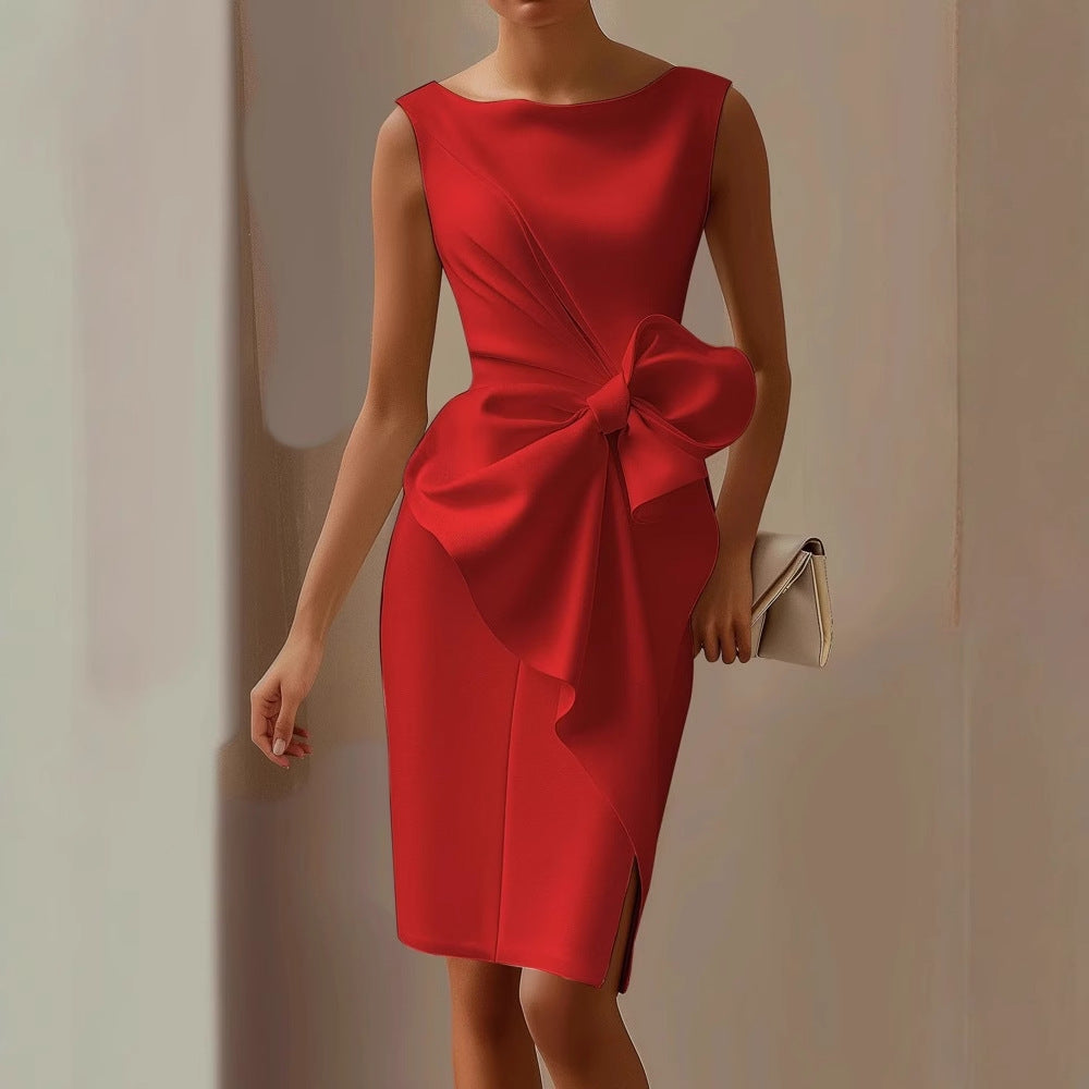 Womens Midi Dress Boat Neck Sleeveless Side Bow Detail