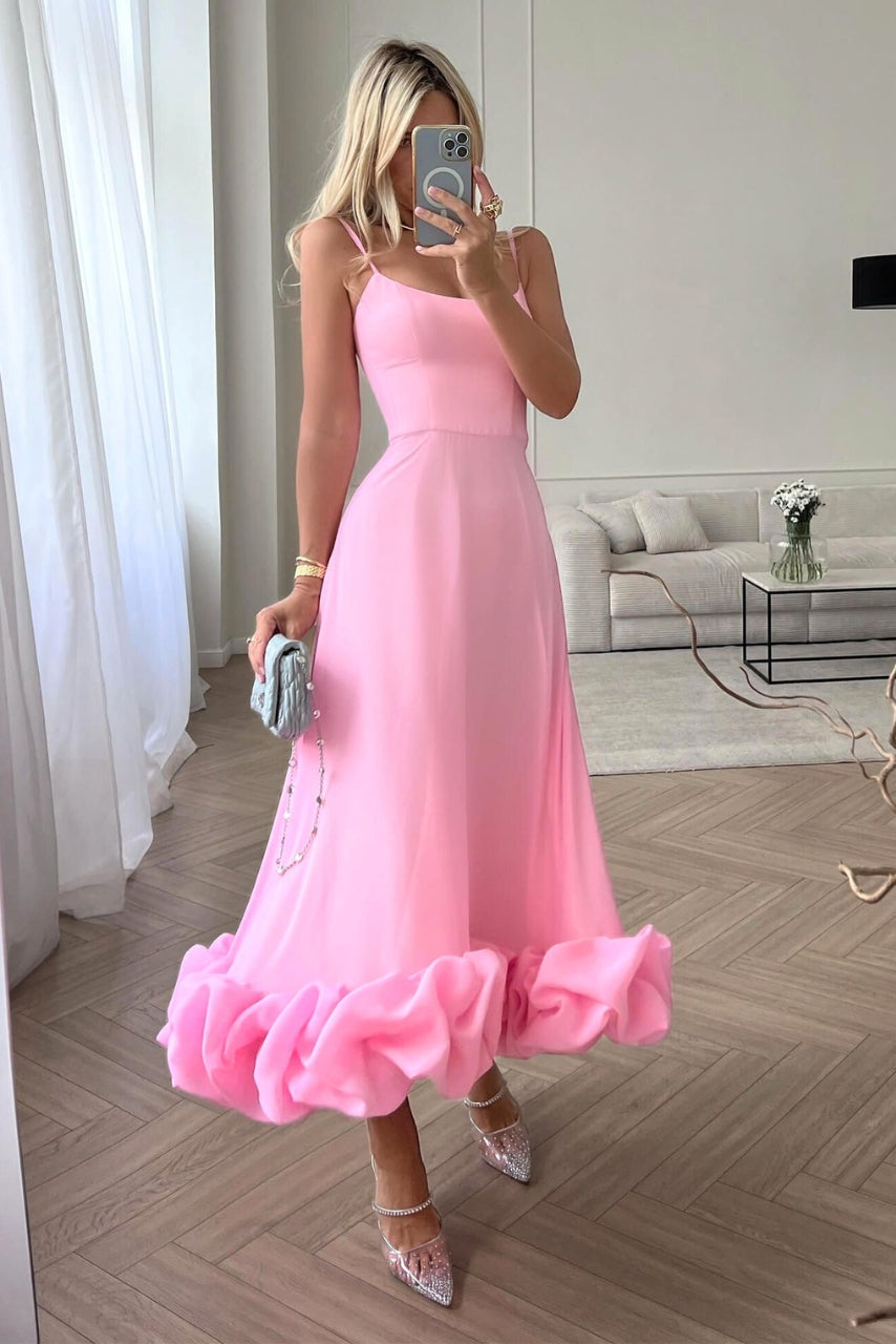 Womens Midi Dress Spaghetti Strap High-Waist Ruffled Hem