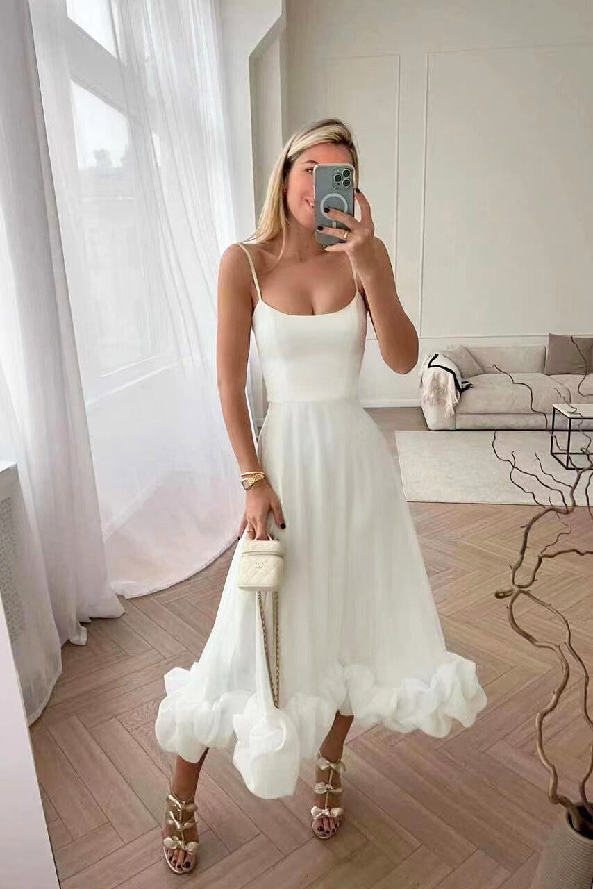 Womens Midi Dress Spaghetti Strap High-Waist Ruffled Hem