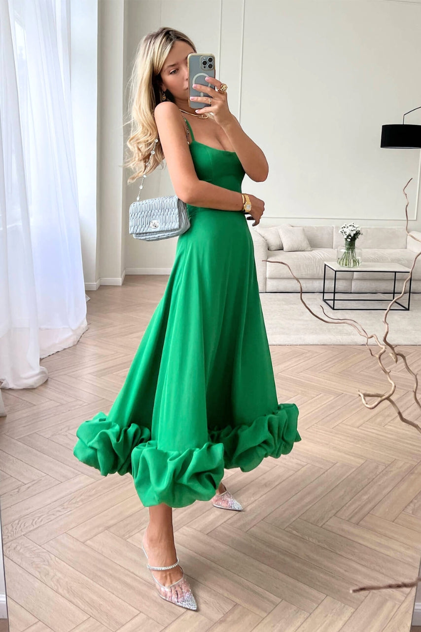 Womens Midi Dress Spaghetti Strap High-Waist Ruffled Hem