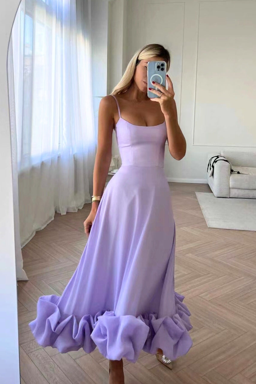 Womens Midi Dress Spaghetti Strap High-Waist Ruffled Hem