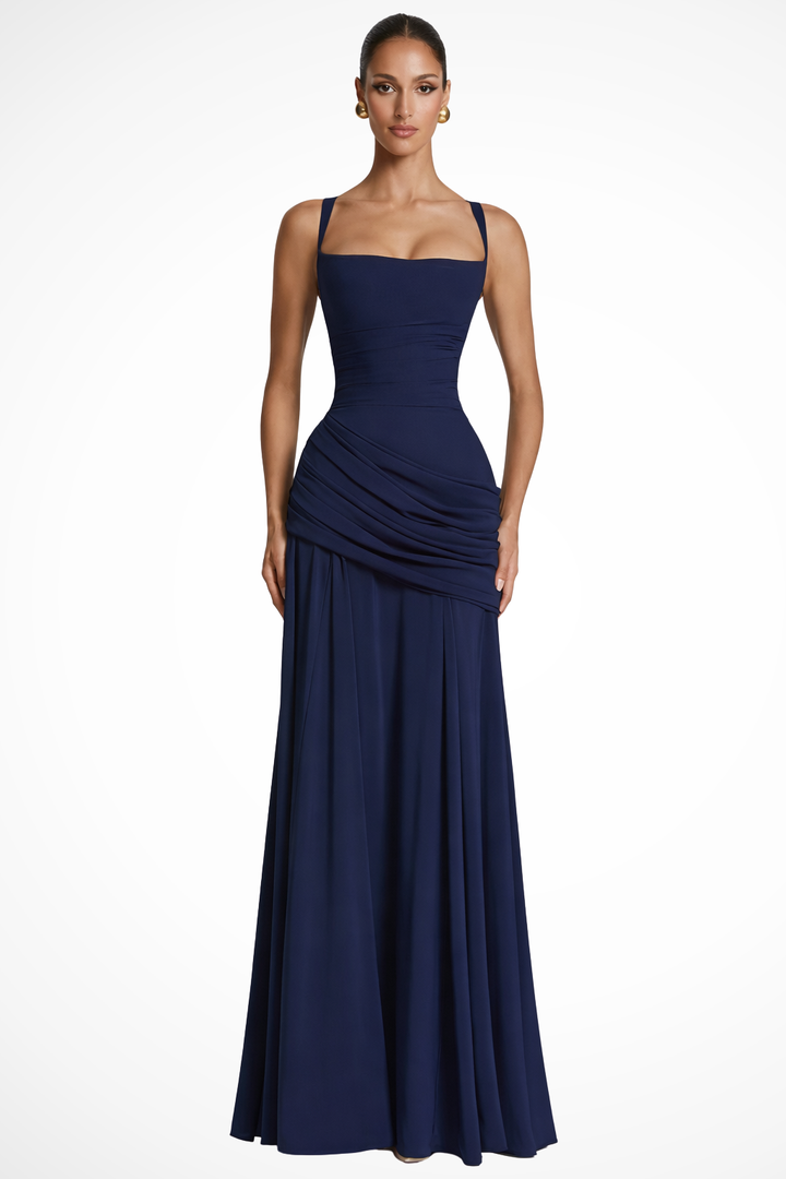 Womens Maxi Dress Square Neck Ruched Bodice Draped Skirt