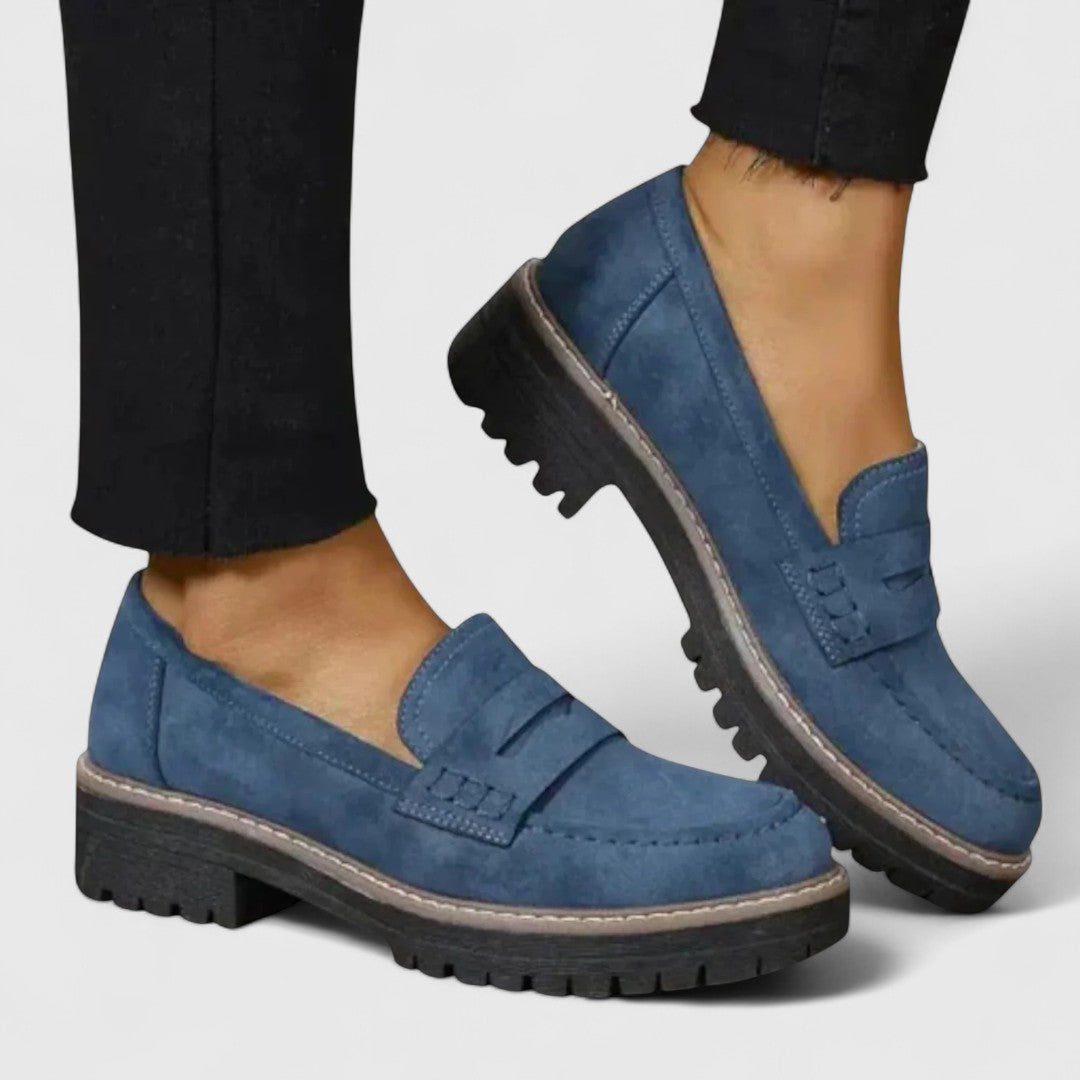 Womens Suede Penny Loafers Chunky Lug Sole Saddle Detail