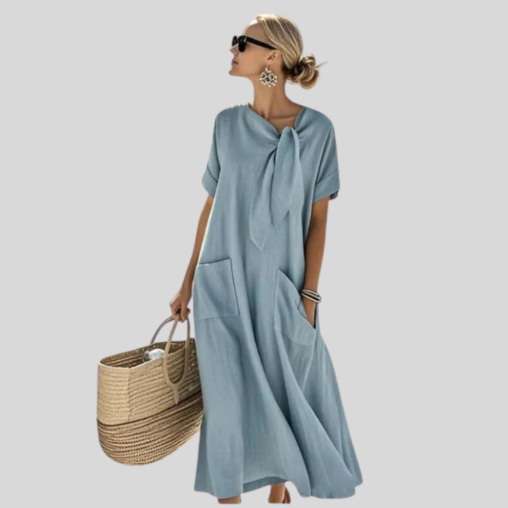 Womens Linen Maxi Dress Tie-Neck Loose Fit Rolled Short Sleeves - Clovrio