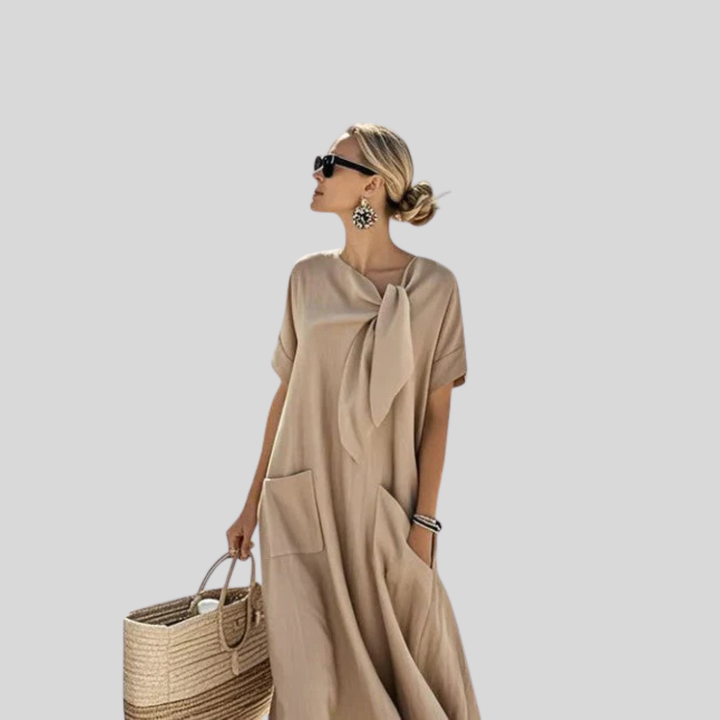 Womens Linen Maxi Dress Tie-Neck Loose Fit Rolled Short Sleeves