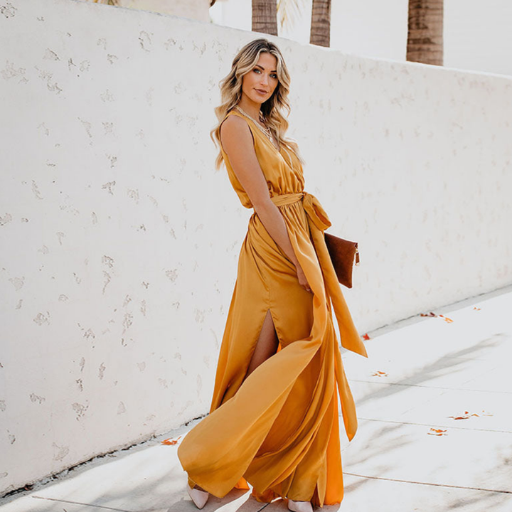 Womens Sleeveless Maxi Dress Smooth-Touch Weave Tie-Waist