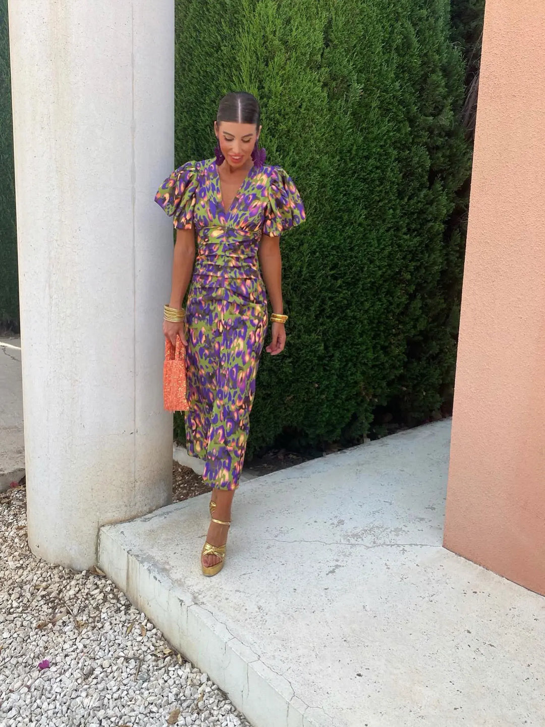 Womens Midi Dress with Puff Sleeves Ruched Fit