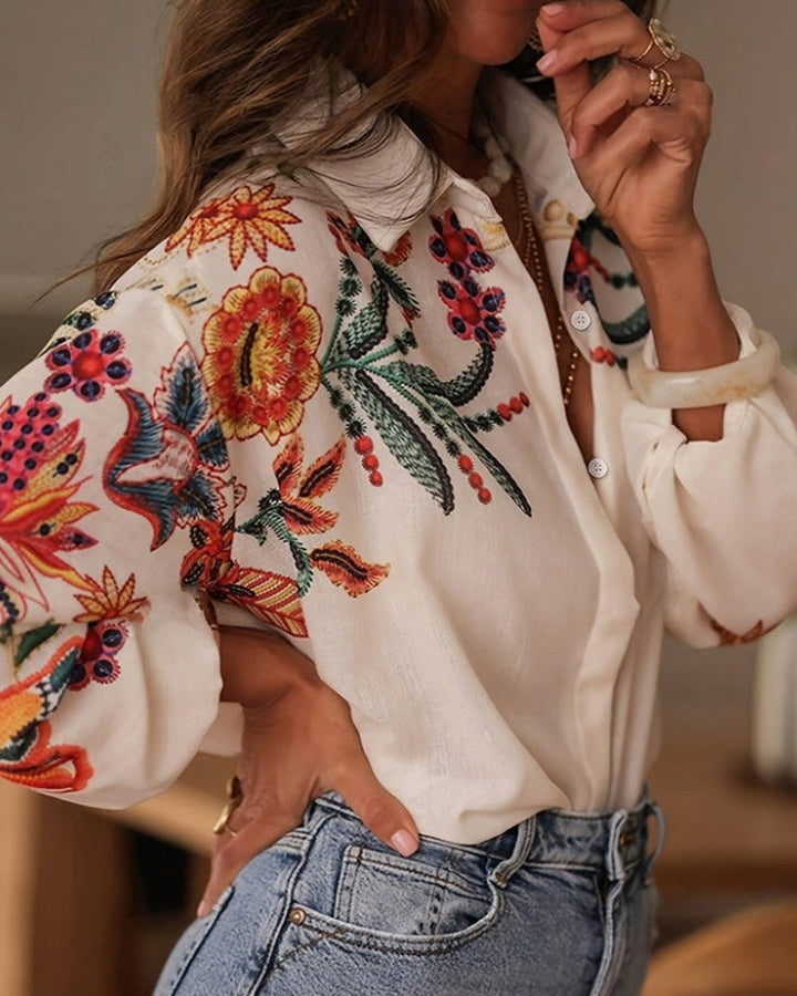 Womens Linen Blouse Embroidered Floral Long Sleeve