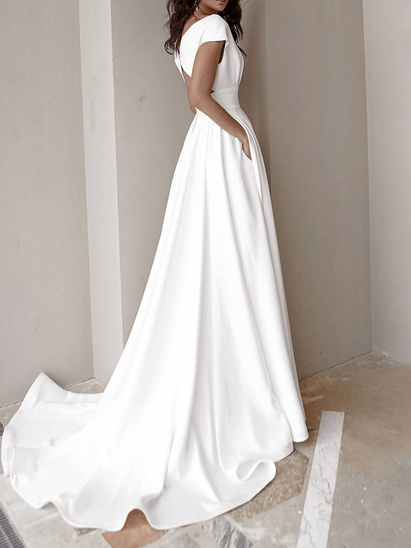 Womens Maxi Wedding Dress V-Neckline High Side Slit