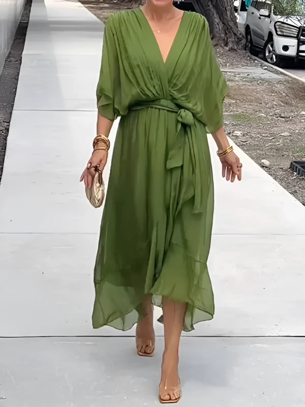 Womens Wrap Maxi Dress V-Neck Ruffled Handkerchief Hem