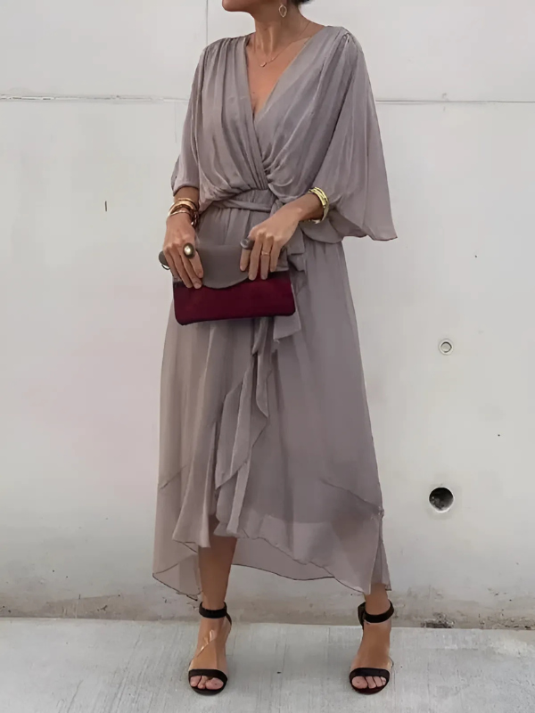 Womens Wrap Maxi Dress V-Neck Ruffled Handkerchief Hem