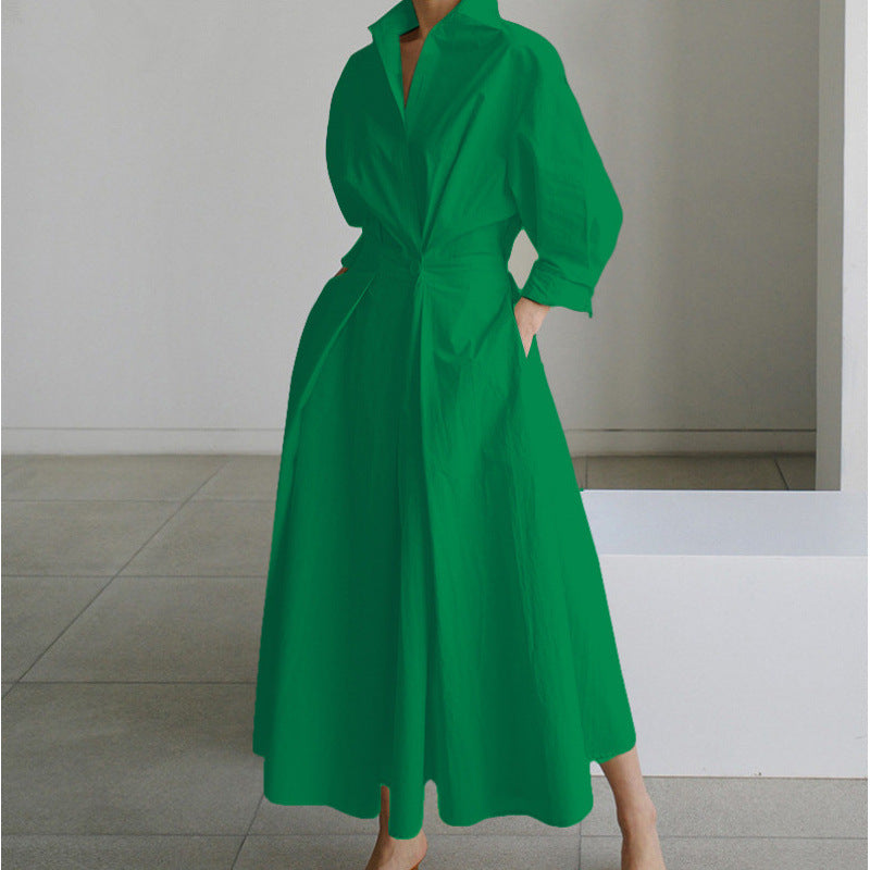 Womens Wrap Midi Dress Collared Long Sleeve