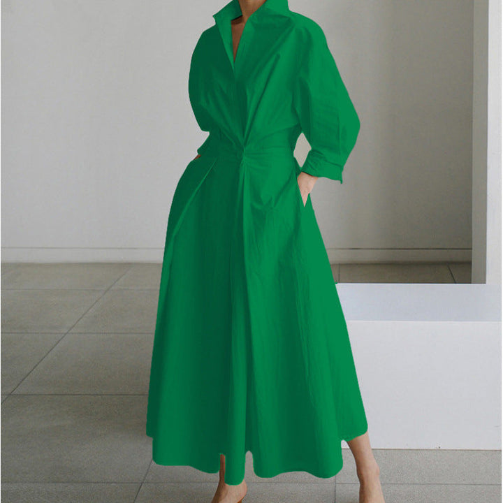 Womens Wrap Midi Dress Collared Long Sleeve