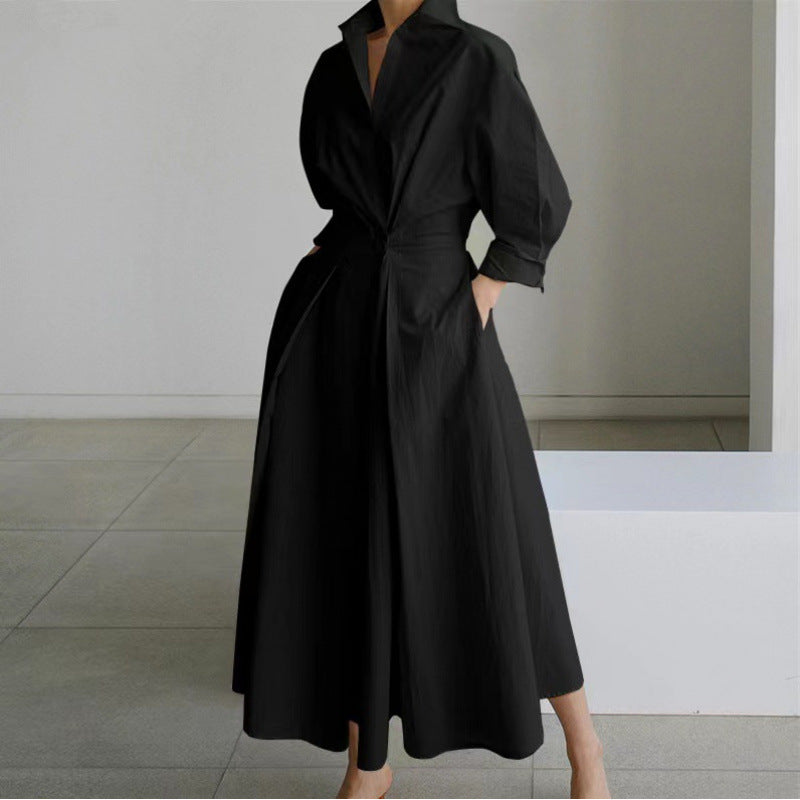 Womens Wrap Midi Dress Collared Long Sleeve