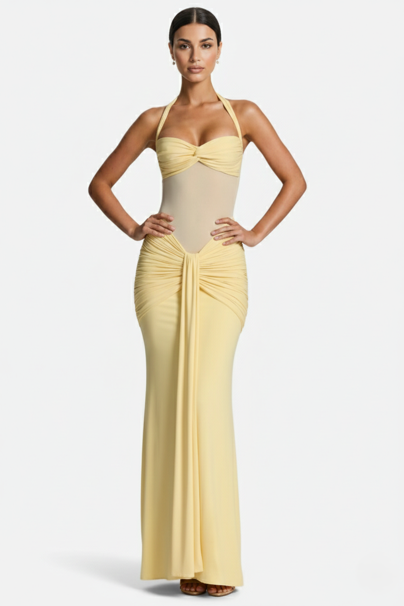 Womens Bodycon Evening Gown with Halter Neck and Ruched Detail - Clovrio