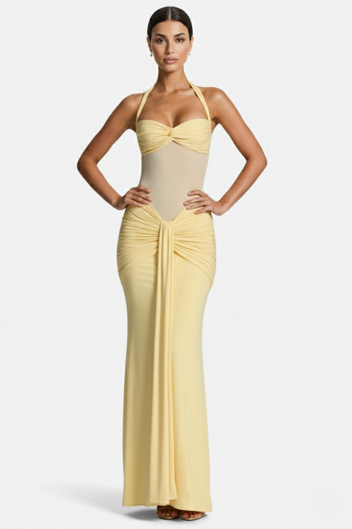 Womens Bodycon Evening Gown with Halter Neck and Ruched Detail - Clovrio