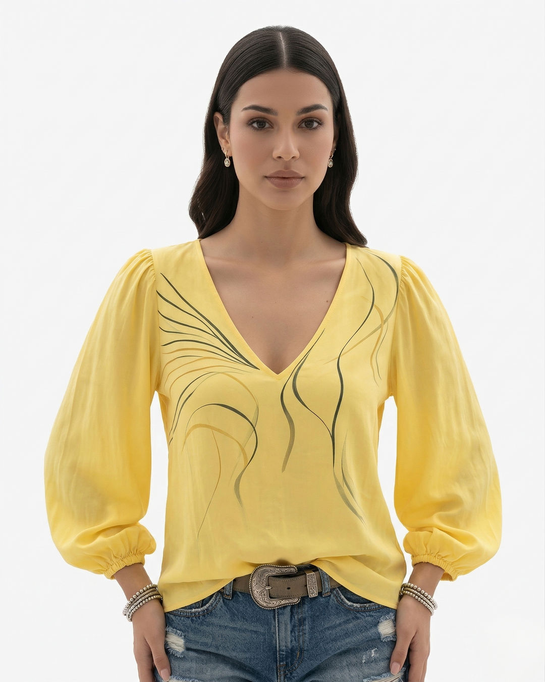 Womens V-Neck Blouse with Puff Long Sleeve - Clovrio