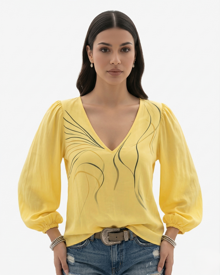 Womens V-Neck Blouse with Puff Long Sleeve - Clovrio