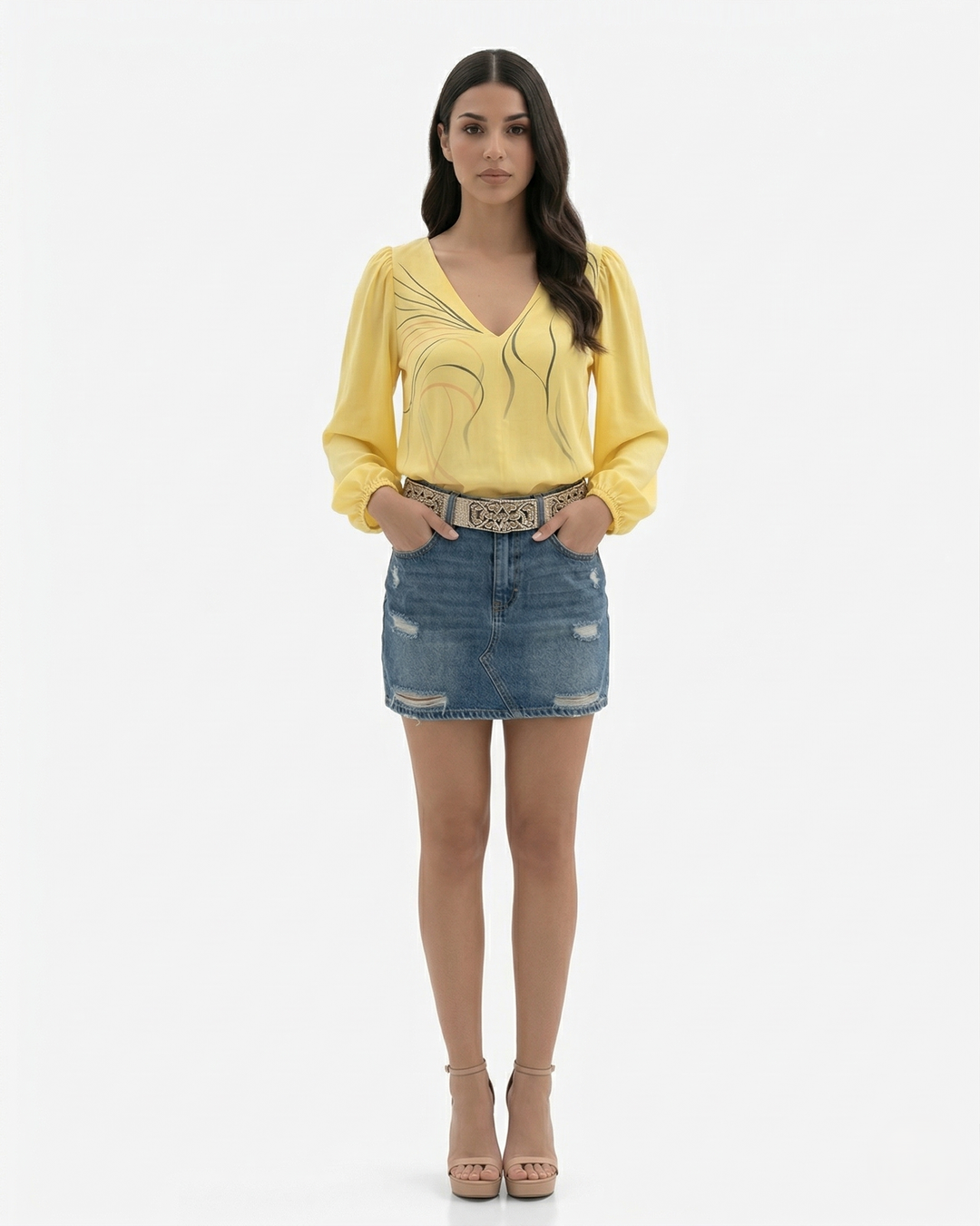 Womens V-Neck Blouse with Puff Long Sleeve