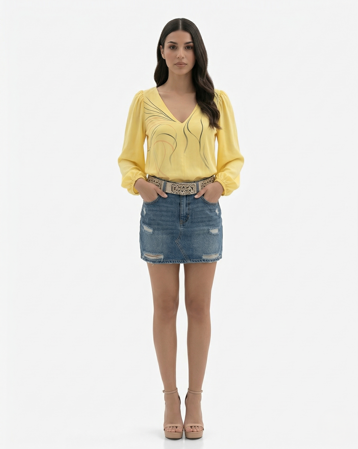 Womens V-Neck Blouse with Puff Long Sleeve