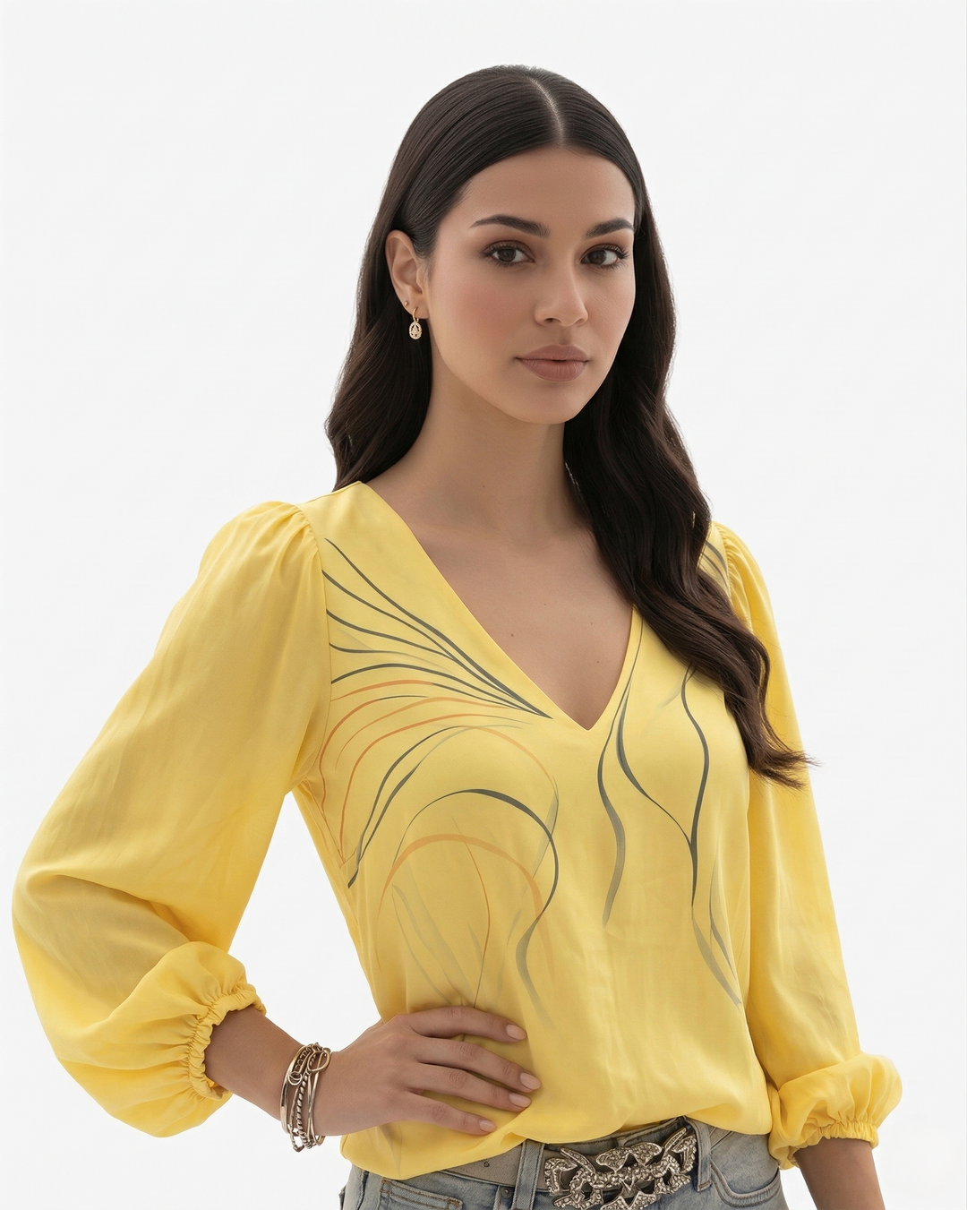 Womens V-Neck Blouse with Puff Long Sleeve