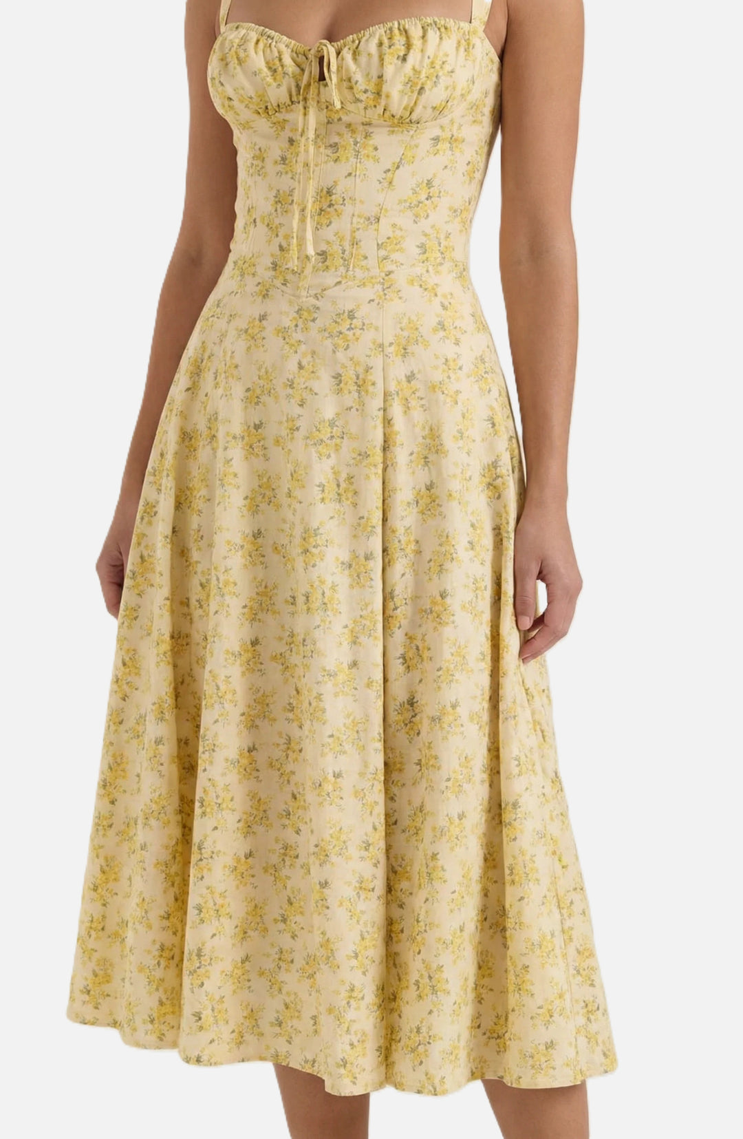 Womens Midi Sundress Ruched Bust Tie Front A-Line Skirt