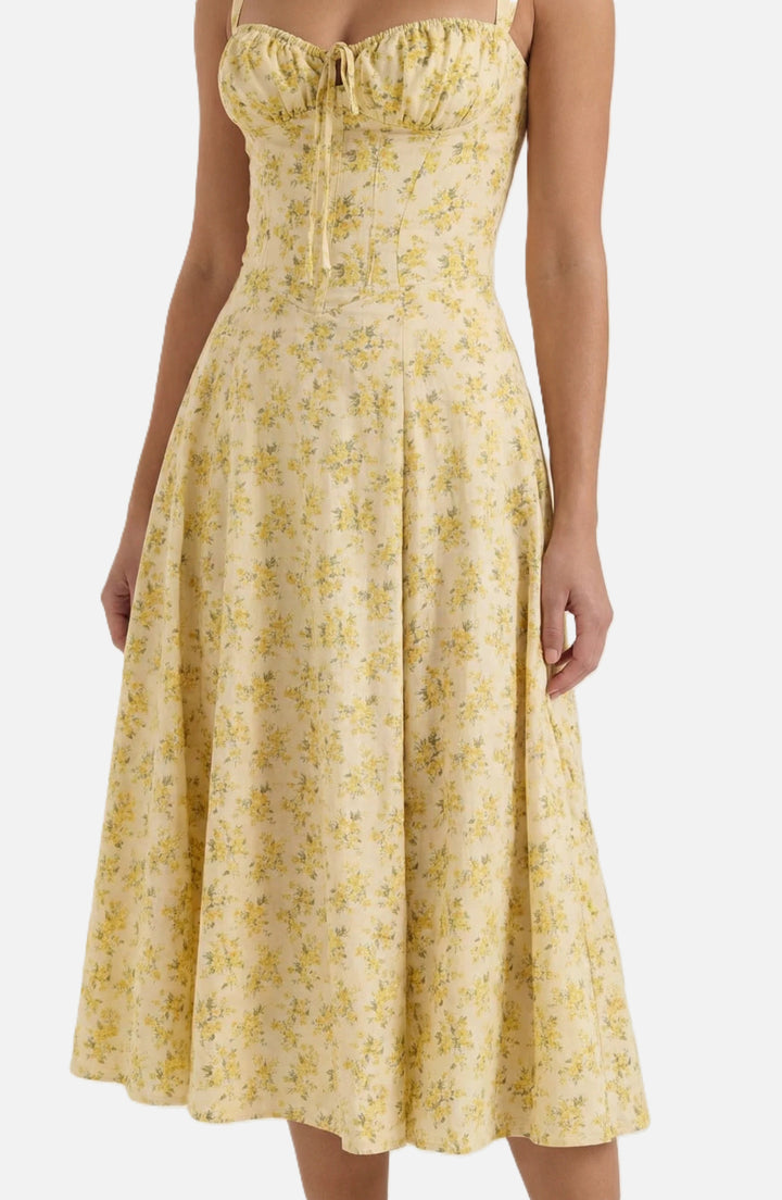 Womens Midi Sundress Ruched Bust Tie Front A-Line Skirt
