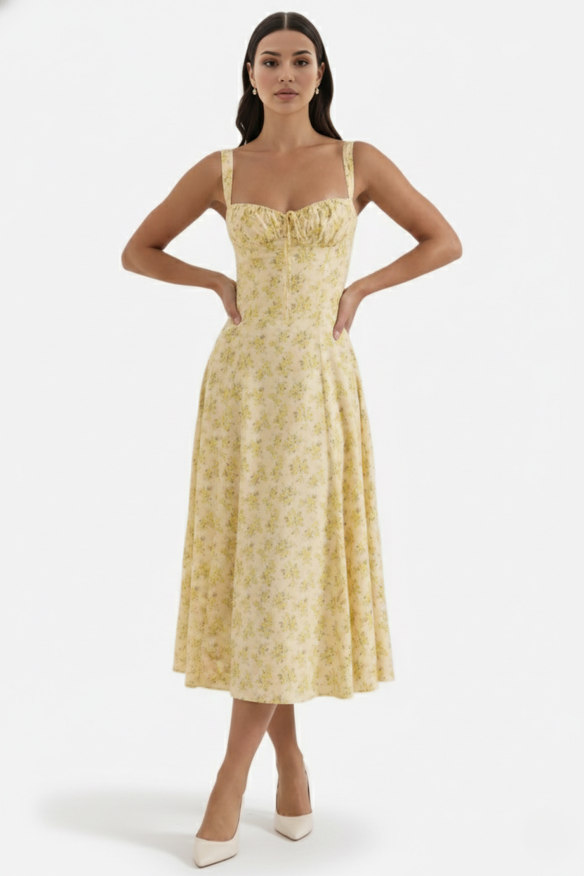 Womens Midi Sundress Ruched Bust Tie Front A-Line Skirt