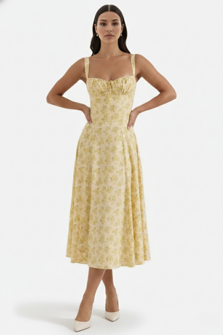 Womens Midi Sundress Ruched Bust Tie Front A-Line Skirt