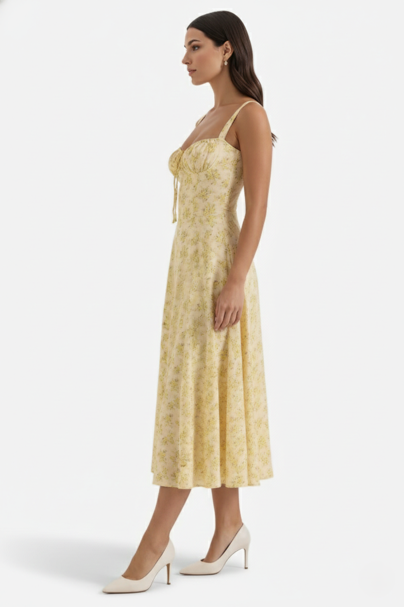 Womens Midi Sundress Ruched Bust Tie Front A-Line Skirt