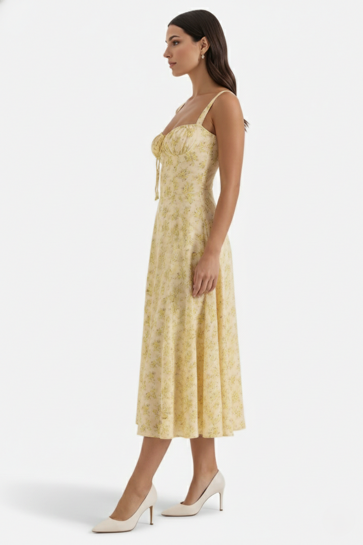 Womens Midi Sundress Ruched Bust Tie Front A-Line Skirt