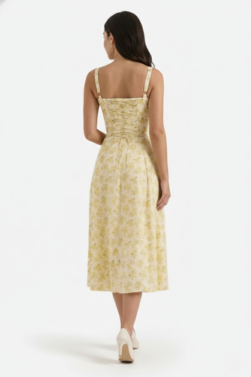Womens Midi Sundress Ruched Bust Tie Front A-Line Skirt