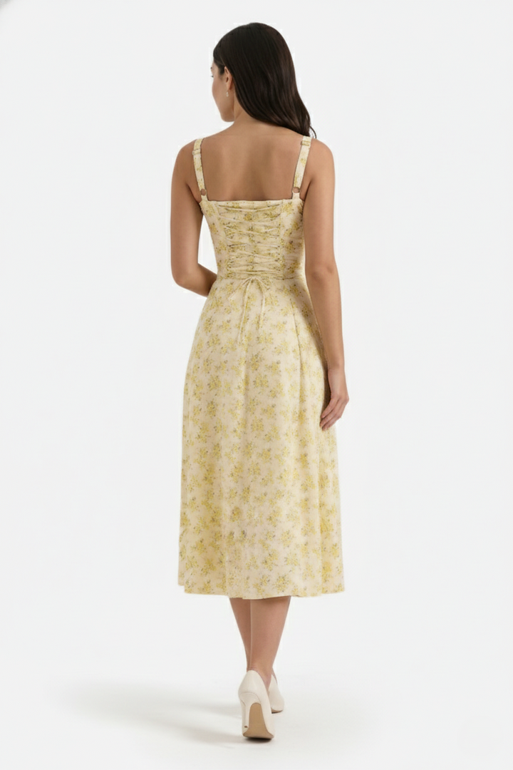 Womens Midi Sundress Ruched Bust Tie Front A-Line Skirt