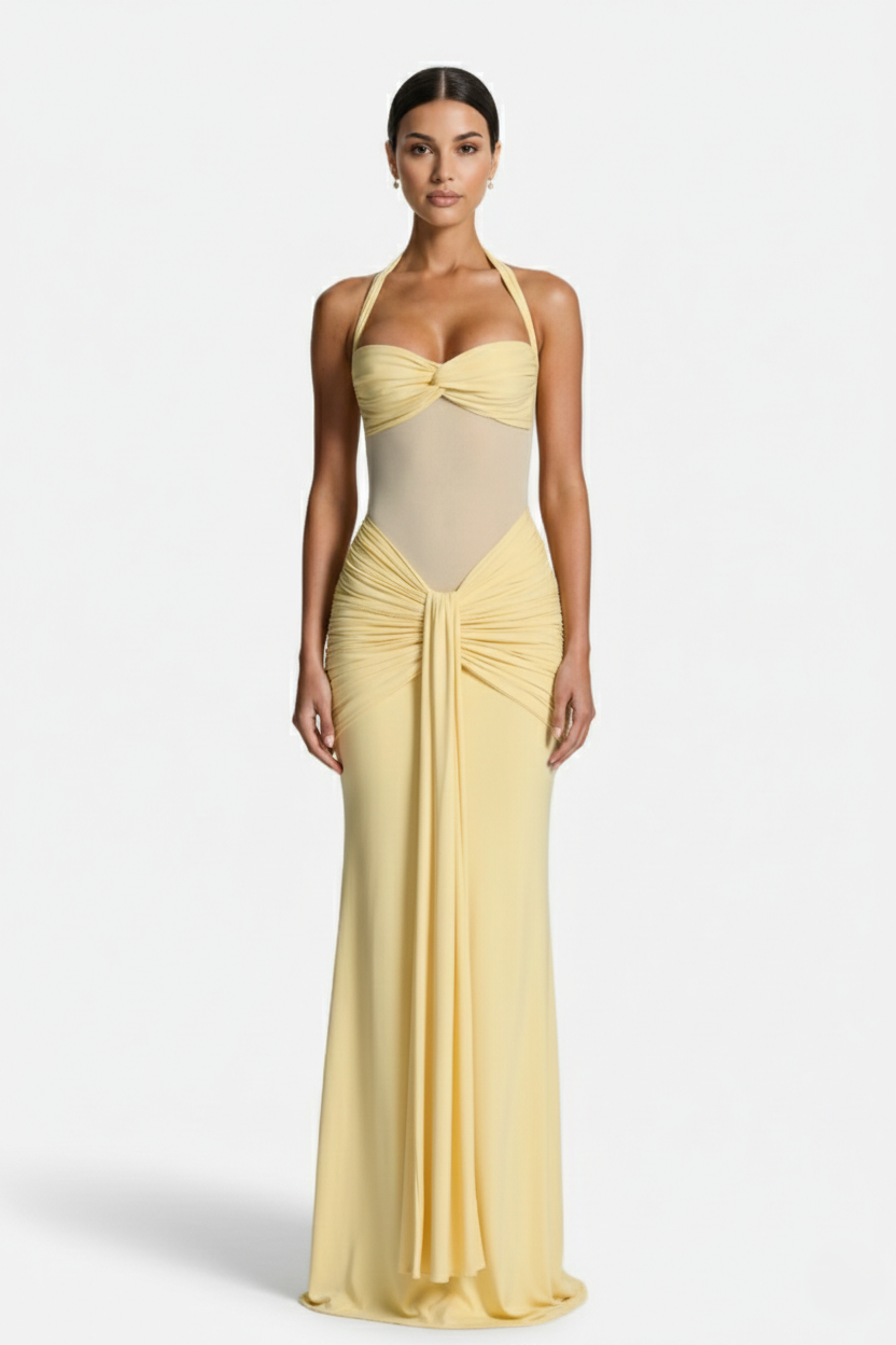 Womens Bodycon Evening Gown with Halter Neck and Ruched Detail