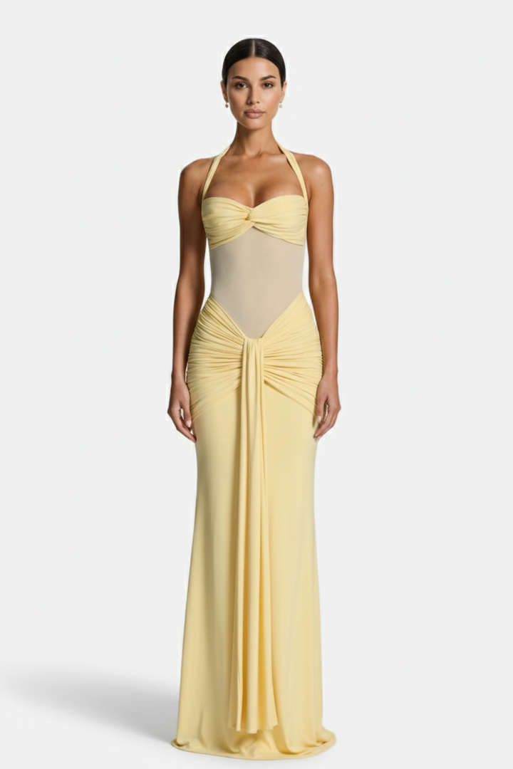 Womens Bodycon Evening Gown with Halter Neck and Ruched Detail