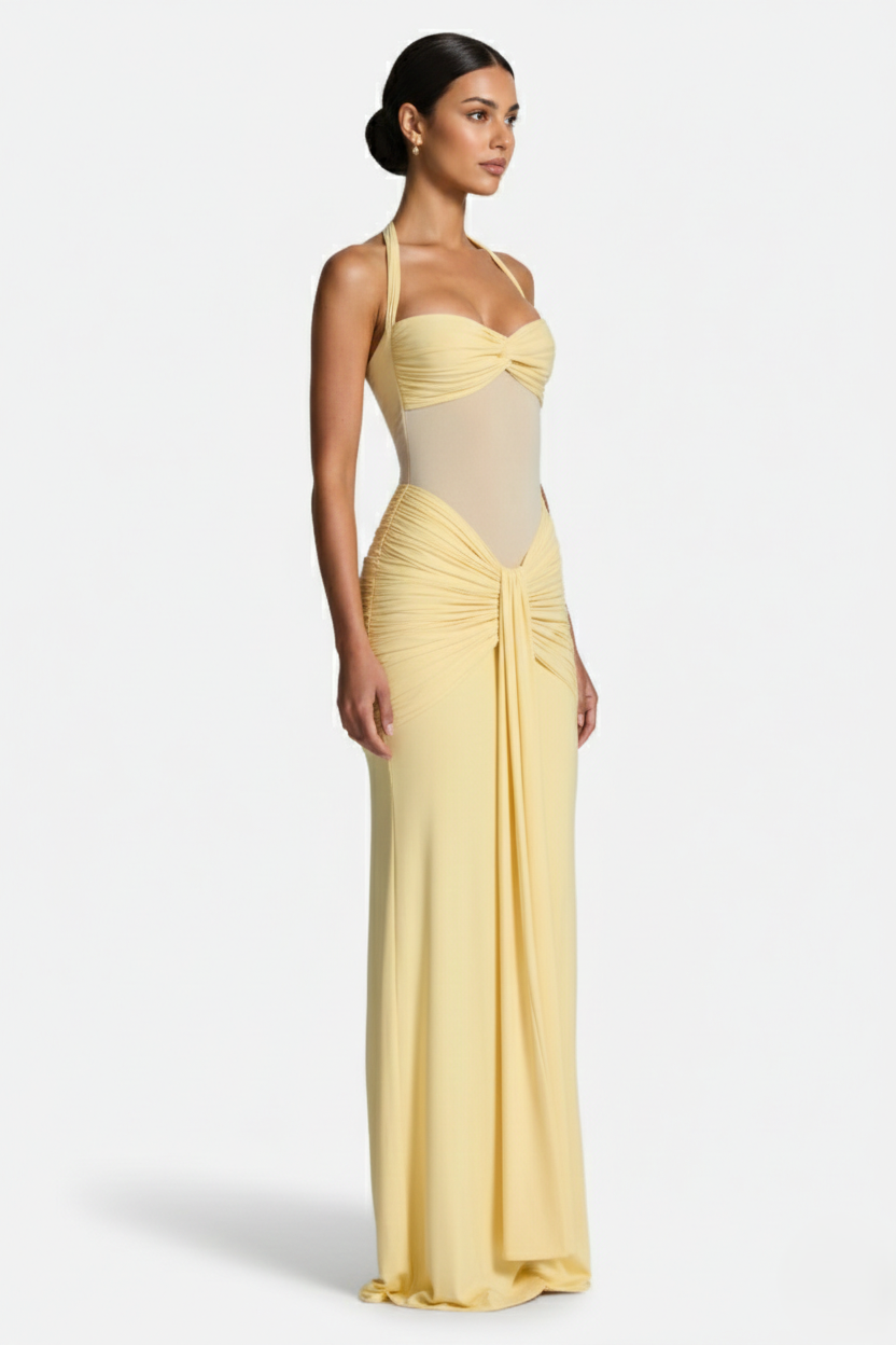 Womens Bodycon Evening Gown with Halter Neck and Ruched Detail