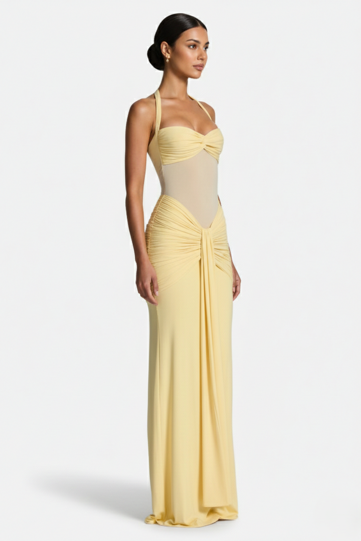 Womens Bodycon Evening Gown with Halter Neck and Ruched Detail