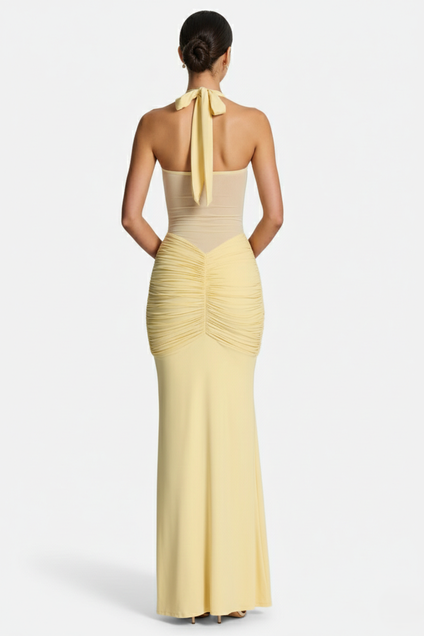 Womens Bodycon Evening Gown with Halter Neck and Ruched Detail