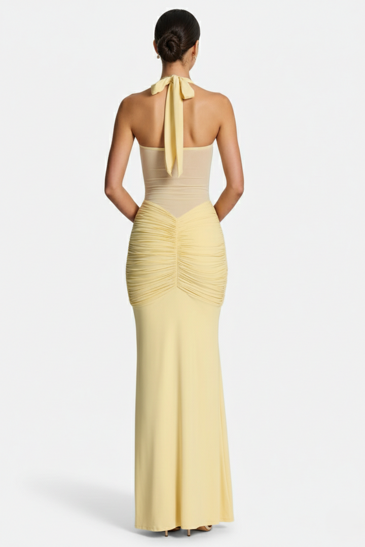 Womens Bodycon Evening Gown with Halter Neck and Ruched Detail