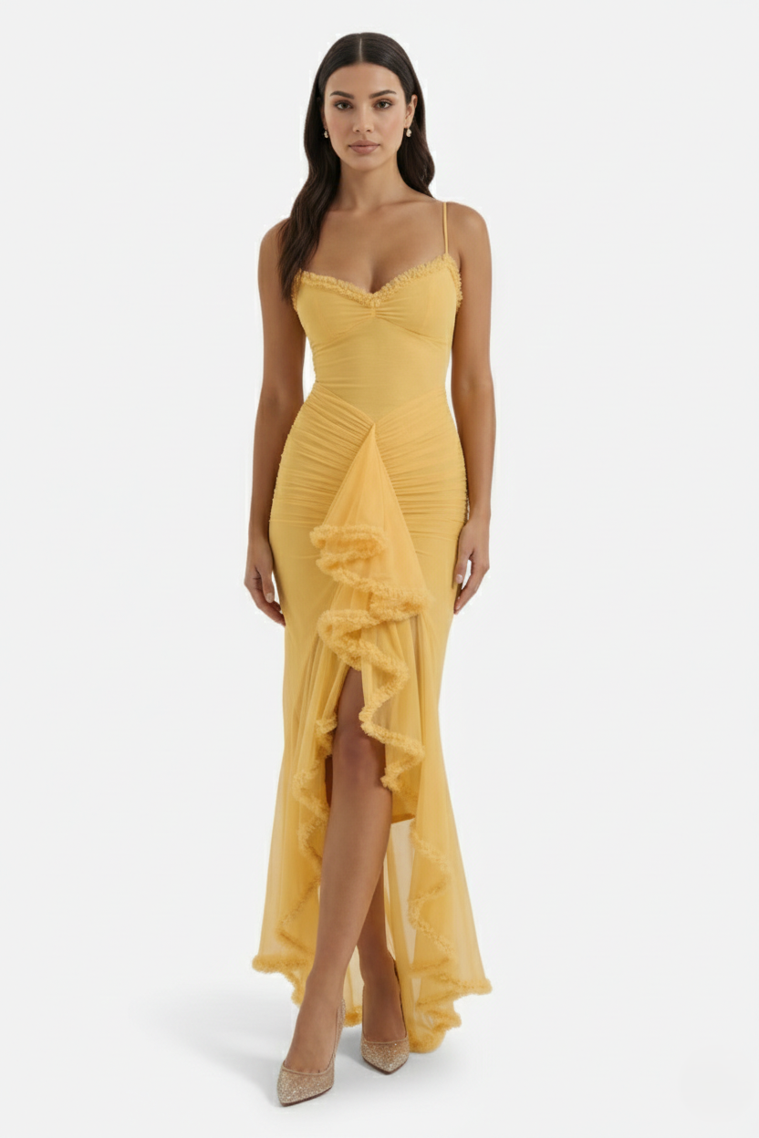 Womens Evening Gown Mesh Ruched Ruffle Asymmetrical Hem - Clovrio